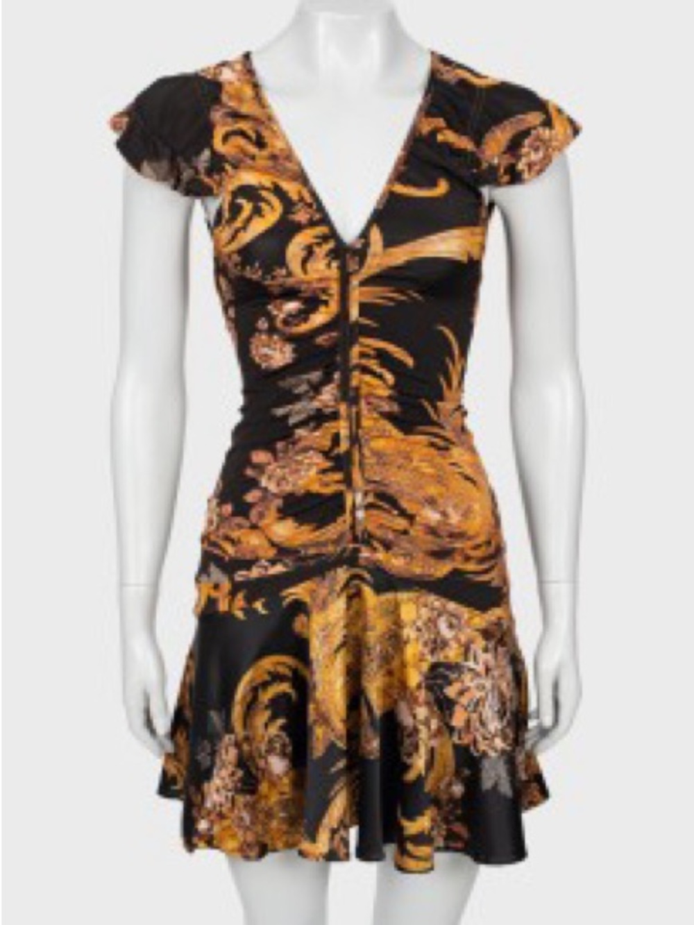 Roberto Cavalli Black and Gold Baroque V-Neck Mini Dress